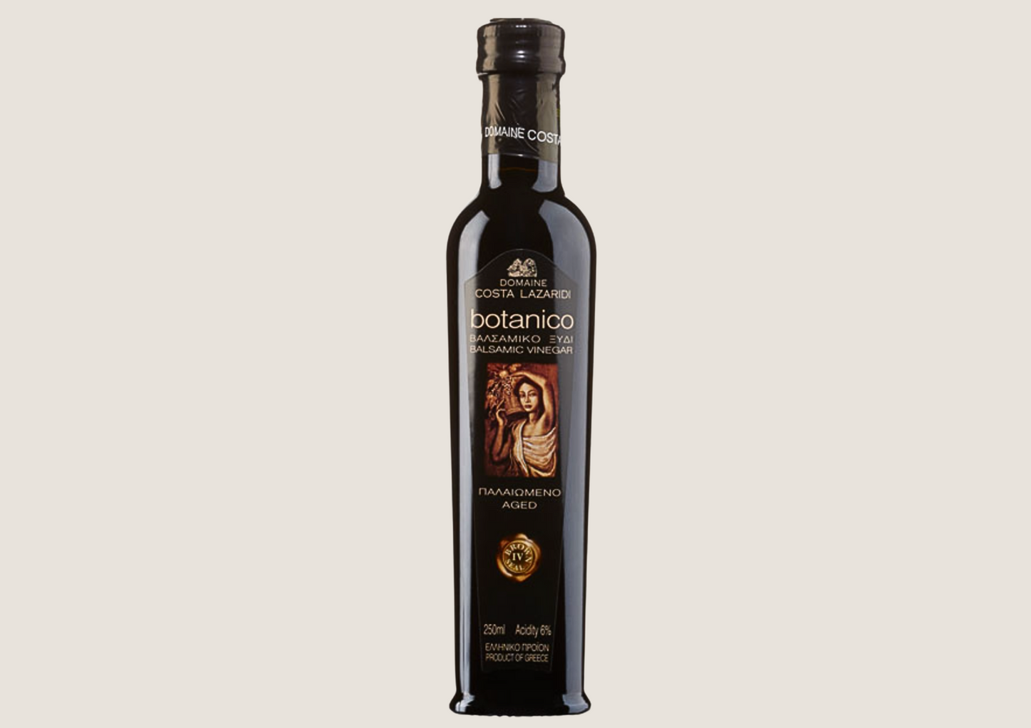 Dunkle Glasflasche mit gealtertem Botanico-Balsamicoessig von Costa Lazaridi.