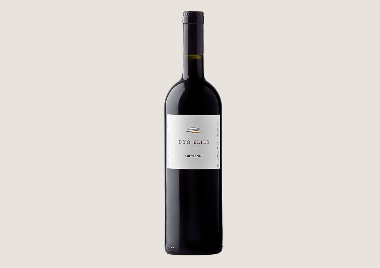 Flasche Kir-Yianni Dyo Elies Rotwein vor hellem Hintergrund.