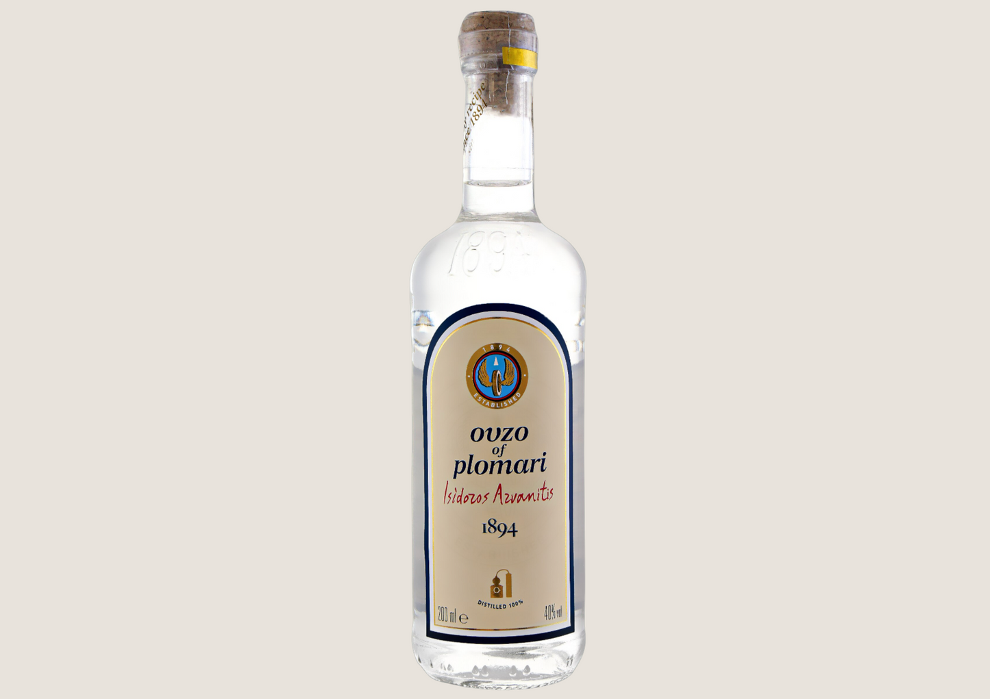 Flasche Ouzo of Plomari mit Korkverschluss, klarer Anisschnaps aus Griechenland, 200 ml, 40 % Vol.
