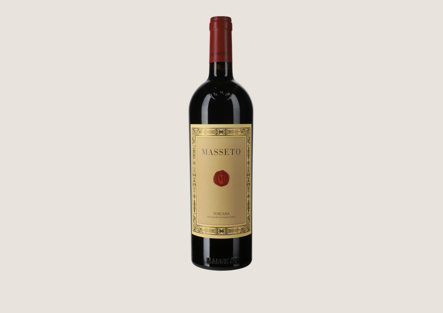 Edle Flasche Masseto Rotwein aus der Toskana mit rotem Siegel auf beigem Etikett vor hellem Hintergrund.