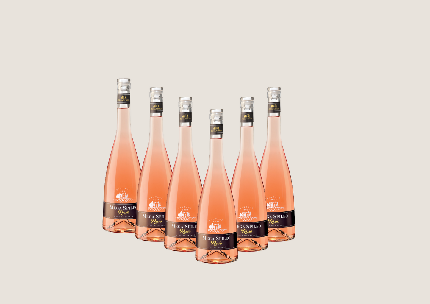 Sechs Flaschen Mega Spileo Roséwein in eleganten, schlanken Glasflaschen nebeneinander,