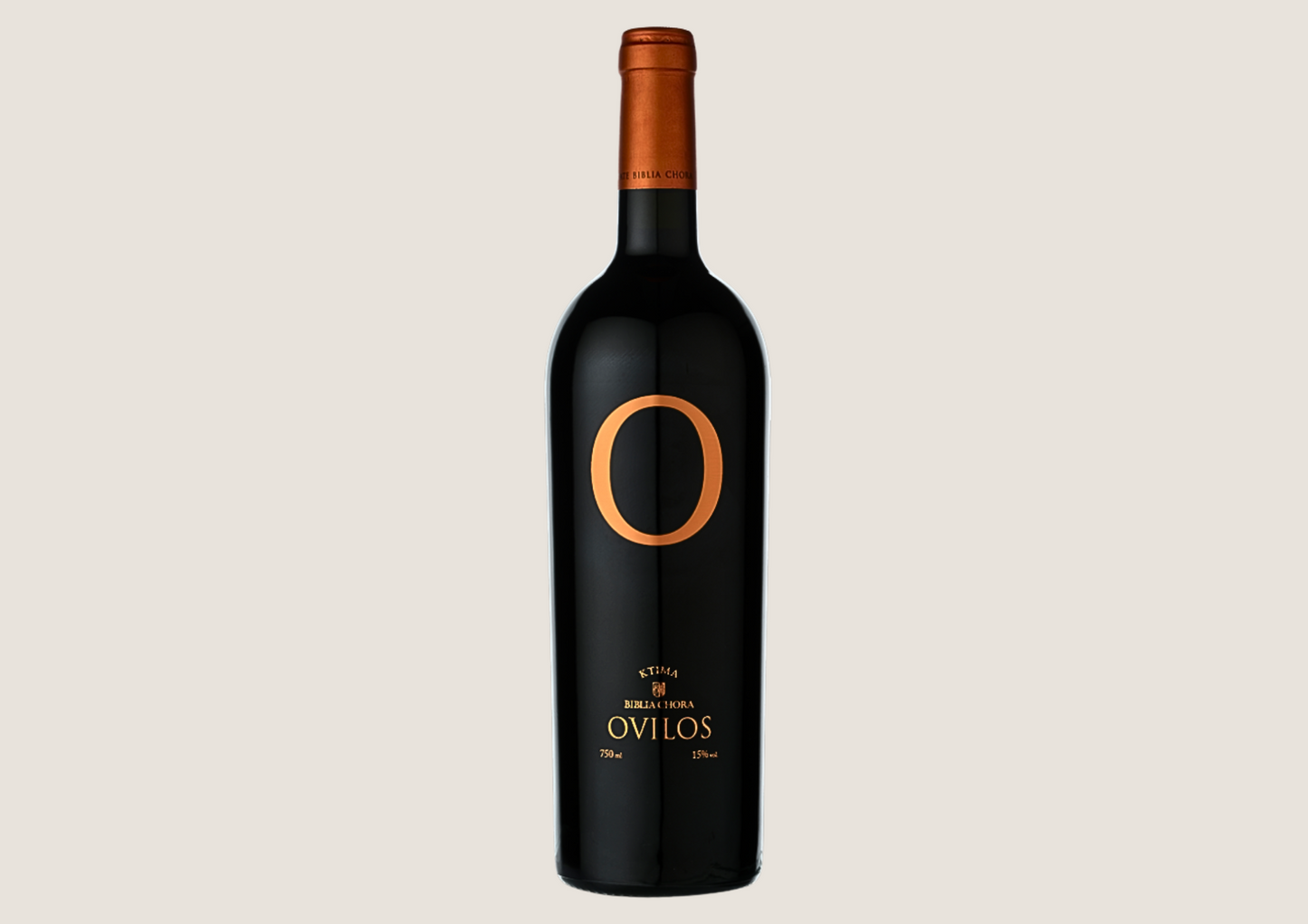 Edler Rotwein Ovilos mit rotem Verschluss auf hellem Hintergrund.
