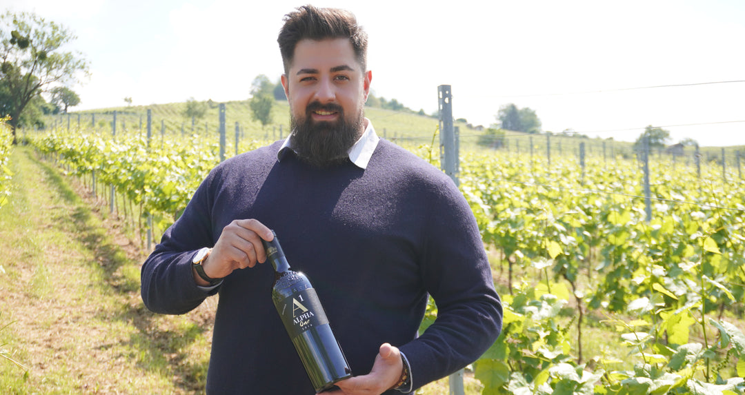 Mann mit Weinflasche im sonnigen Weinberg.