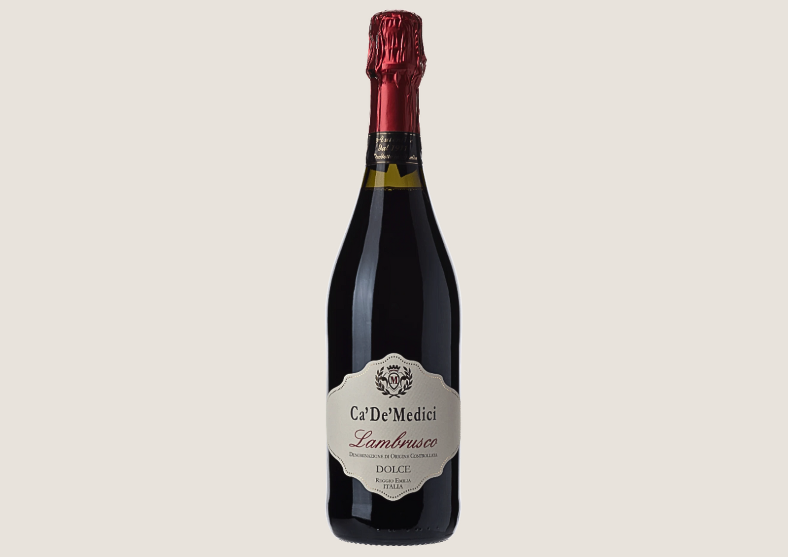 Ca’De’Medici Lambrusco – italienischer Rotwein in edler Flasche mit roter Folienkapsel.