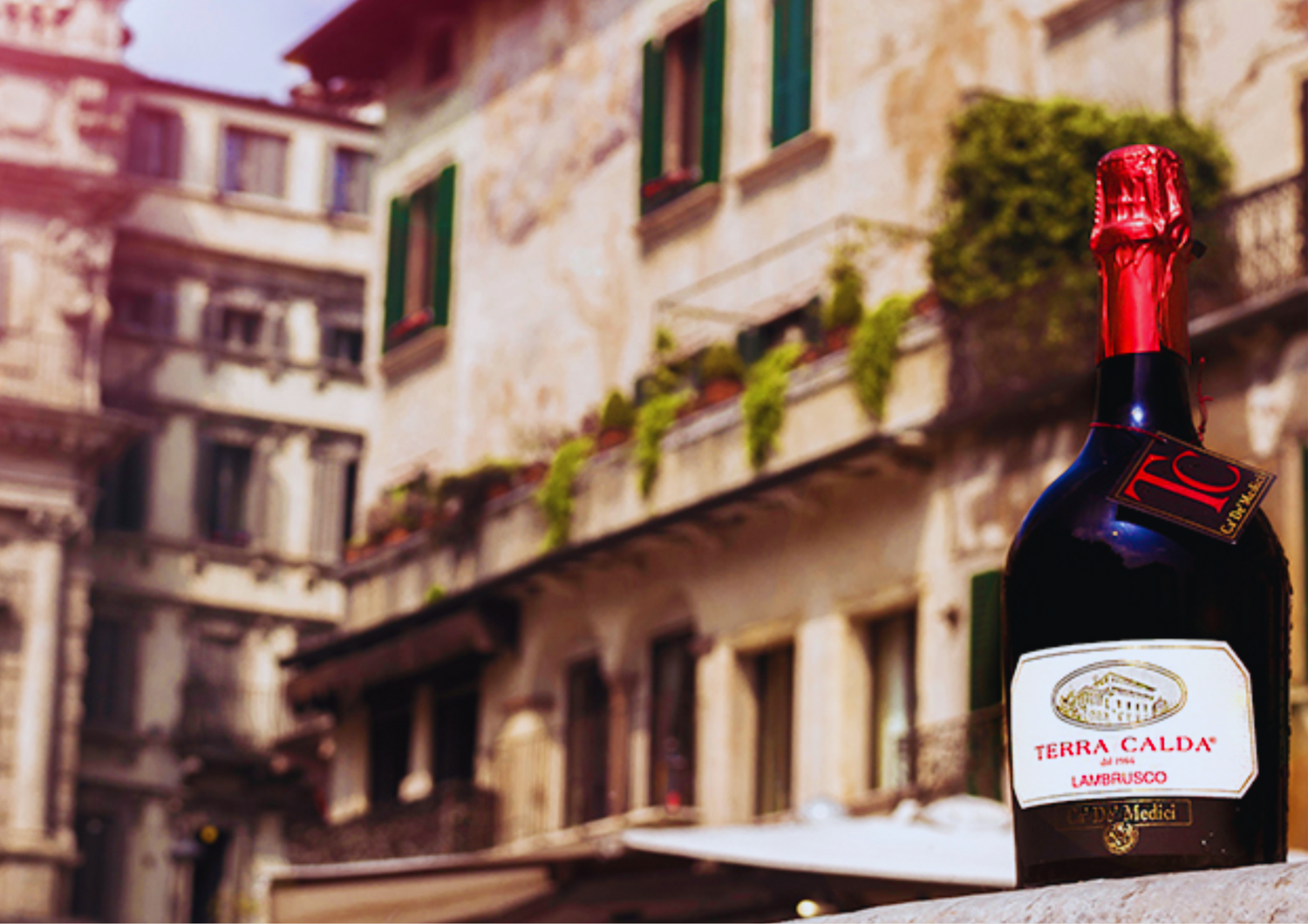 Flasche Lambrusco vor historischer Fassade in Italien bei Sonnenlicht.