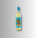 Weißweinflasche mit türkisfarbener Kapsel und farbenfrohem Etikett mit Frauenmotiv vor hellem Hintergrund.