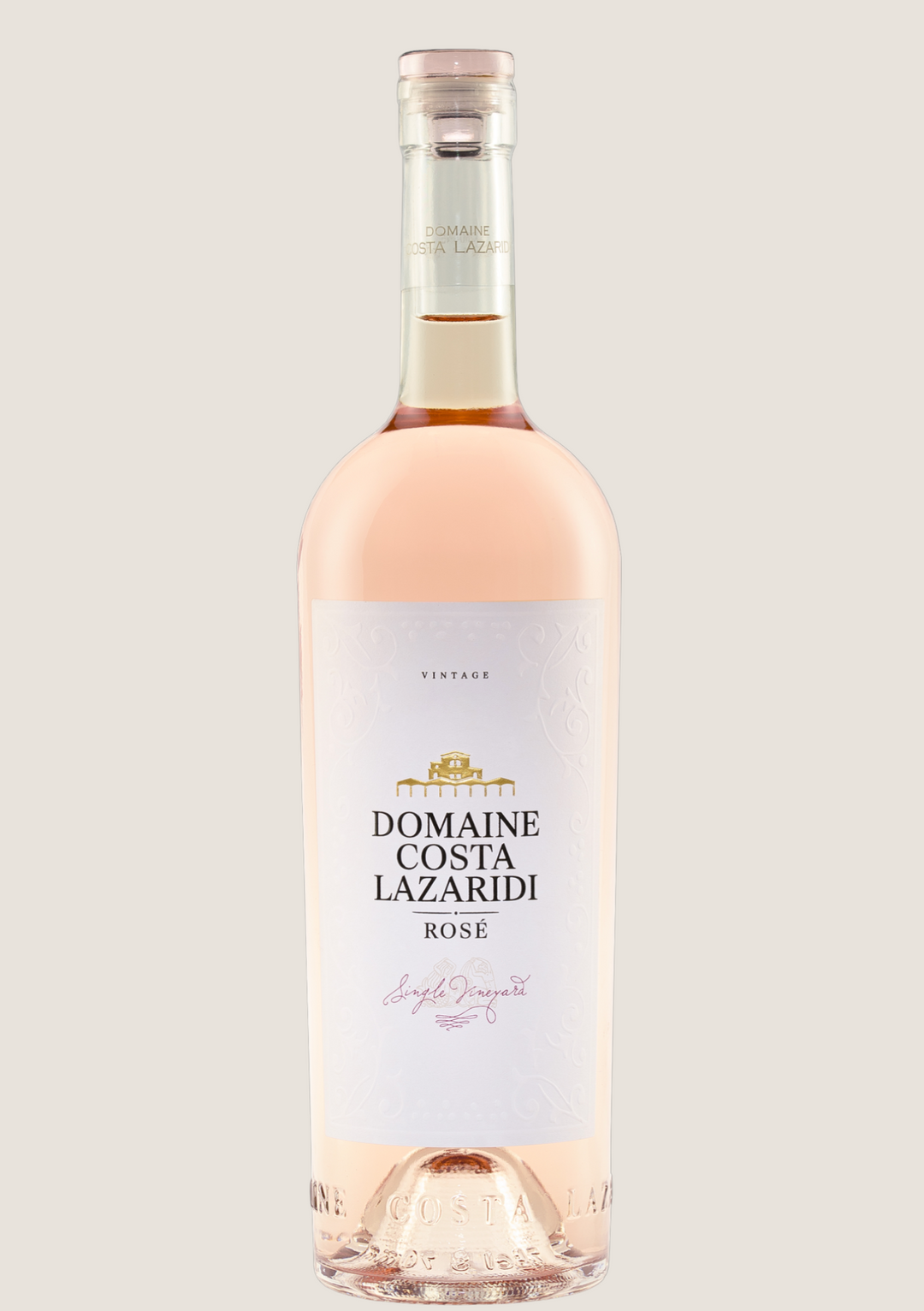 Roséweinflasche Domaine Costa Lazaridi vor hellem Hintergrund, elegant und minimalistisch.