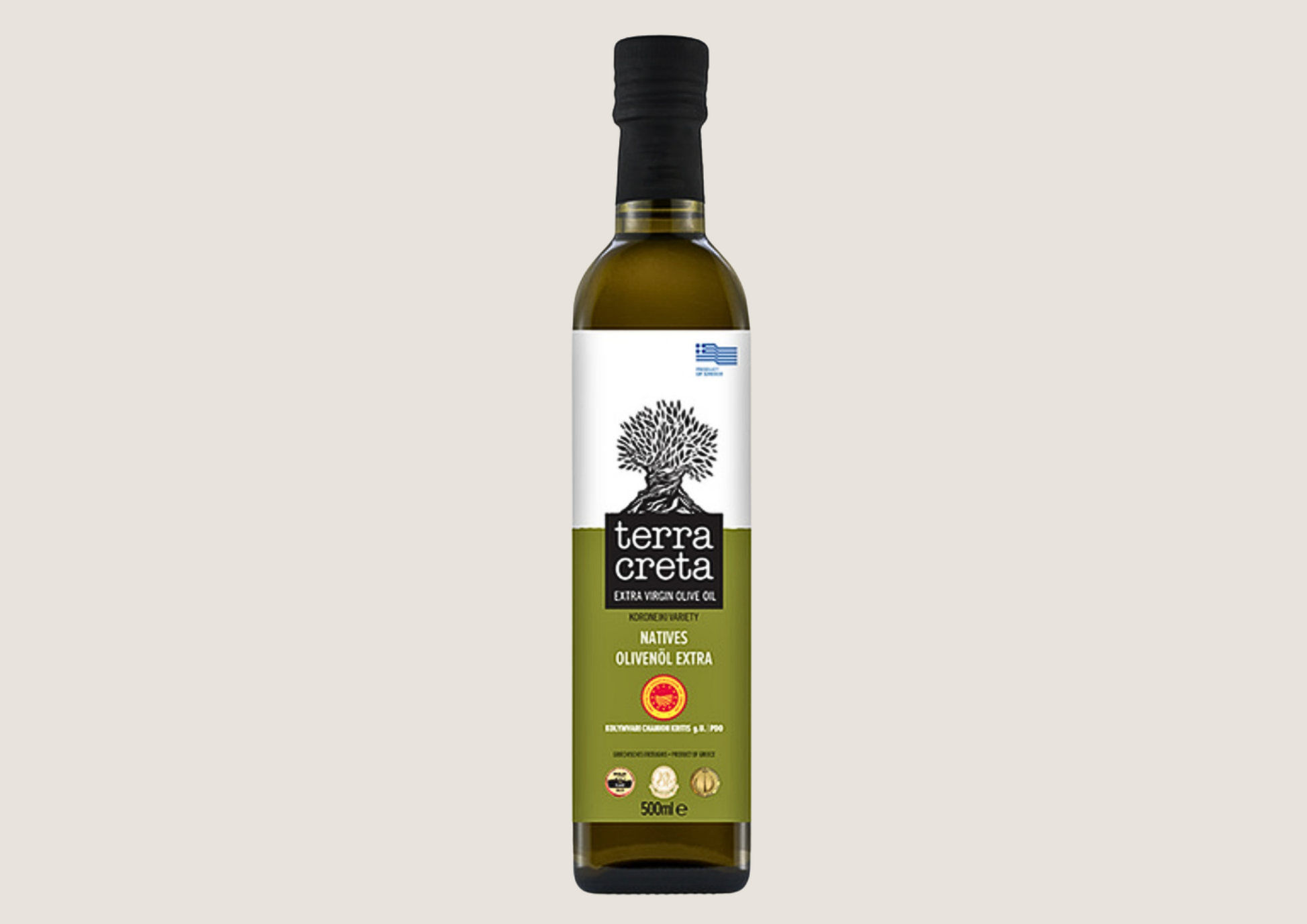 Traditionelles Olivenöl aus Kreta in 500-ml-Flasche von Terra Creta.