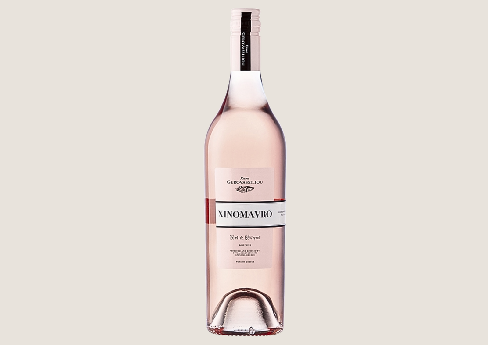 Flasche Roséwein Xinomavro vom Weingut Gerovassiliou vor hellem Hintergrund.
