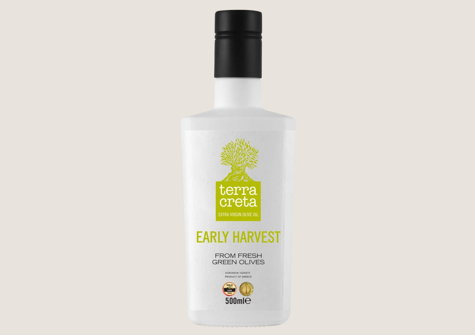 Flasche Terra Creta Early Harvest Olivenöl, 500ml, weißes Design mit grünem Logo.