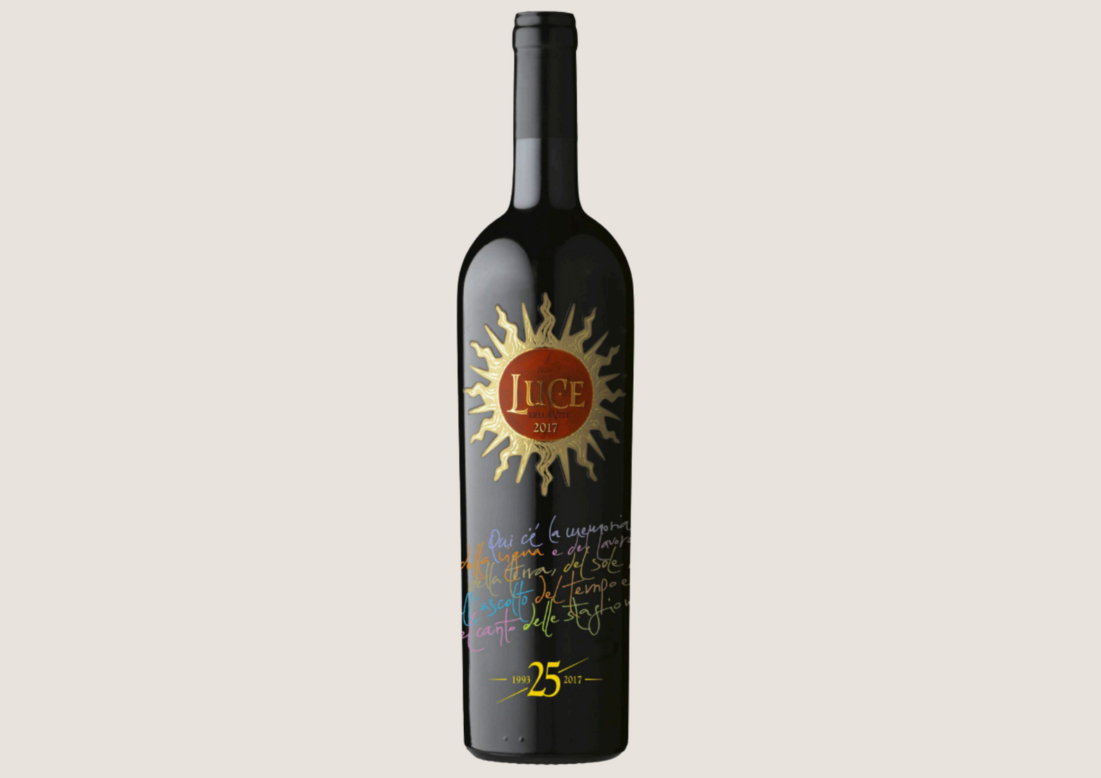 Flasche Rotwein „Luce della Vite 2017“ mit goldener Sonne und Jubiläumsdesign zum 25. Jahrgang.