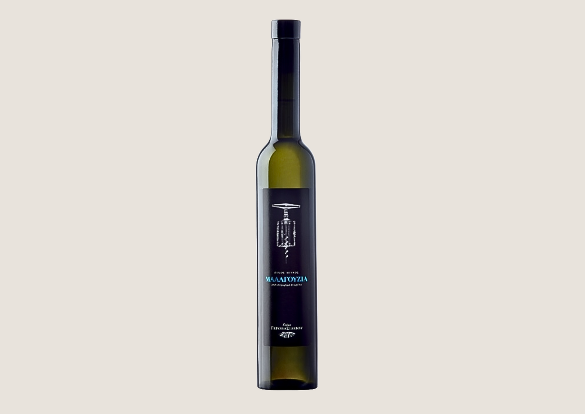 Weißweinflasche Malagousia Late Harvest vom Weingut Gerovassiliou vor hellem Hintergrund.