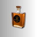 Flache Glasflasche mit bernsteinfarbenem Destillat, Holzstopfen und schwarzem Etikett mit Baum-Motiv.