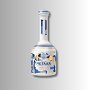 Weiße Metaxa-Flasche mit blau-goldenem Muster und moderner Sammleretikette auf hellem Hintergrund.