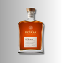 Metaxa Private Reserve in kantiger Glasflasche mit Holzverschluss, bernsteinfarbener Spirituose.