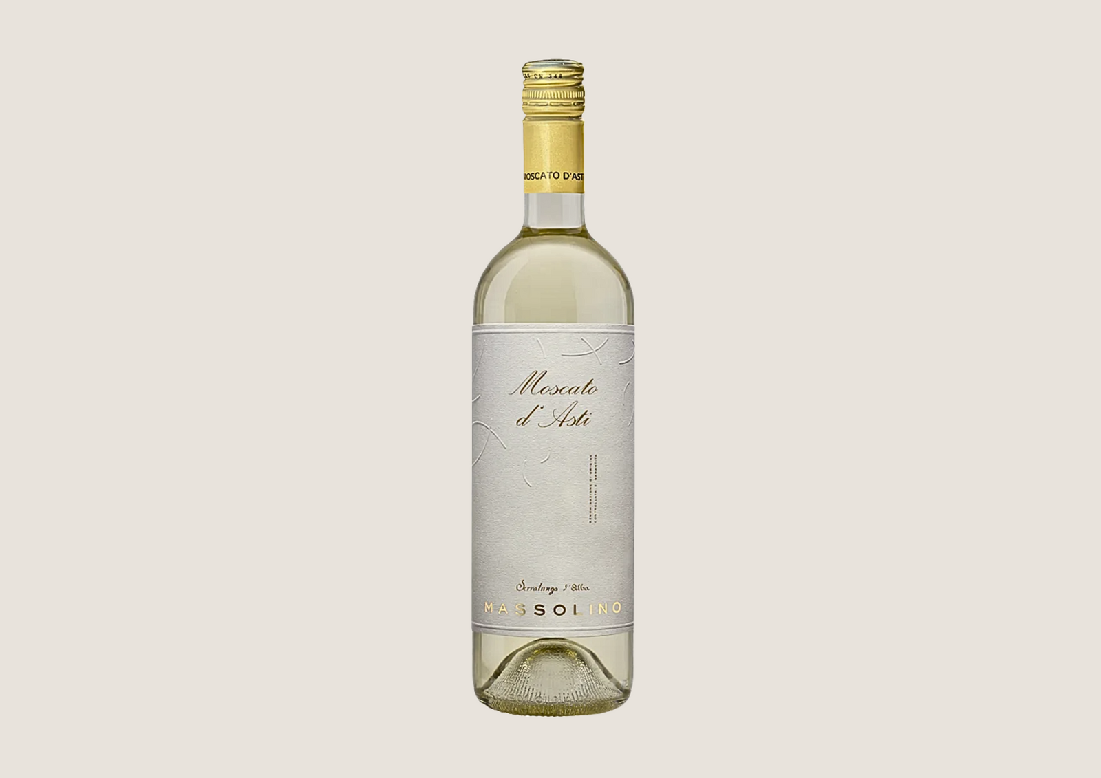 Massolino Moscato d’Asti  – elegante Weißweinflasche mit goldener Kapsel vor hellem Hintergrund.