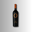 Dunkle Ovilos-Rotweinflasche von Biblia Chora mit kupferfarbenem O auf schlichtem Hintergrund.