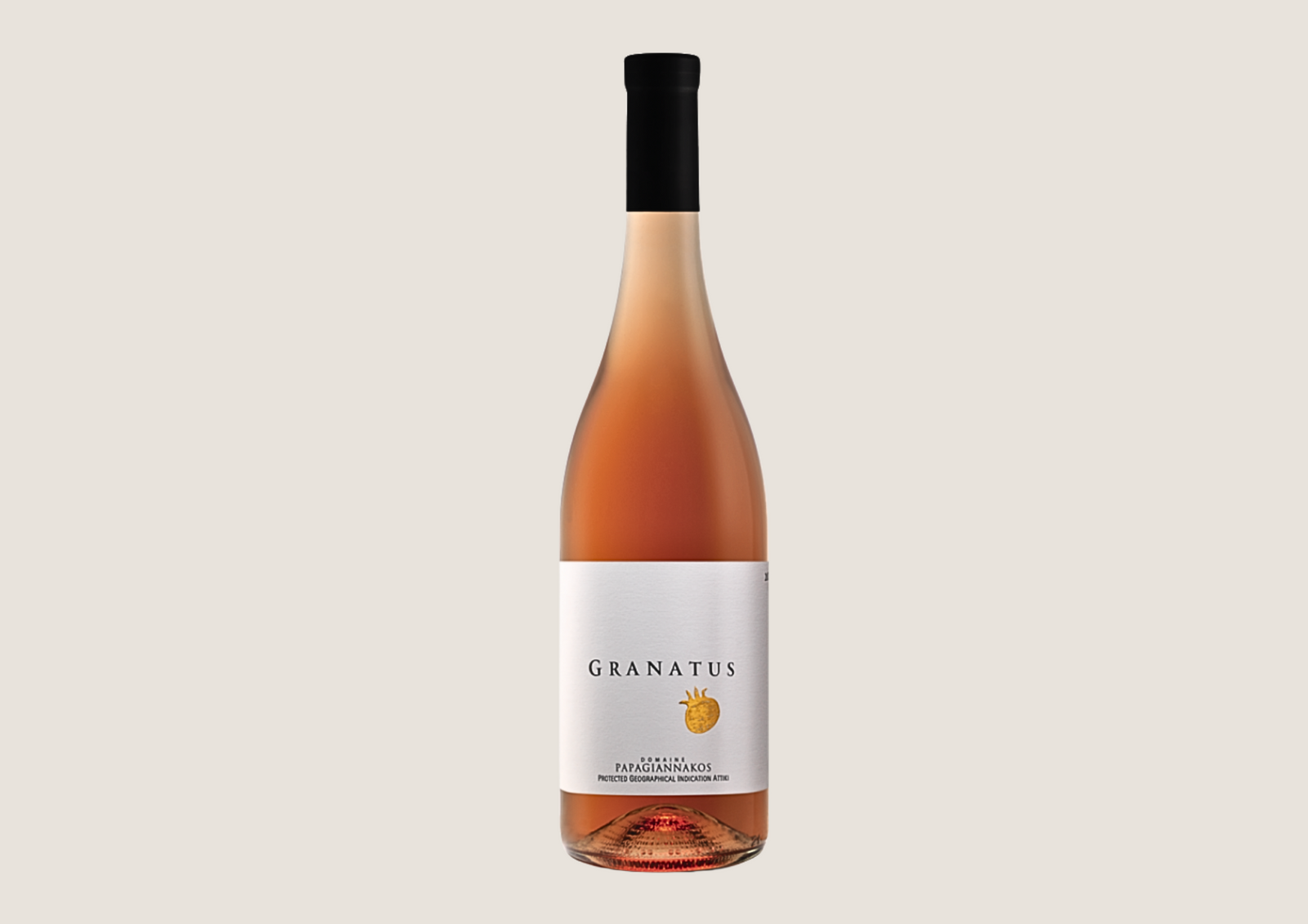 Flasche Roséwein „Granatus“ von Papagiannakos mit schlichtem Etikett und goldener Frucht.