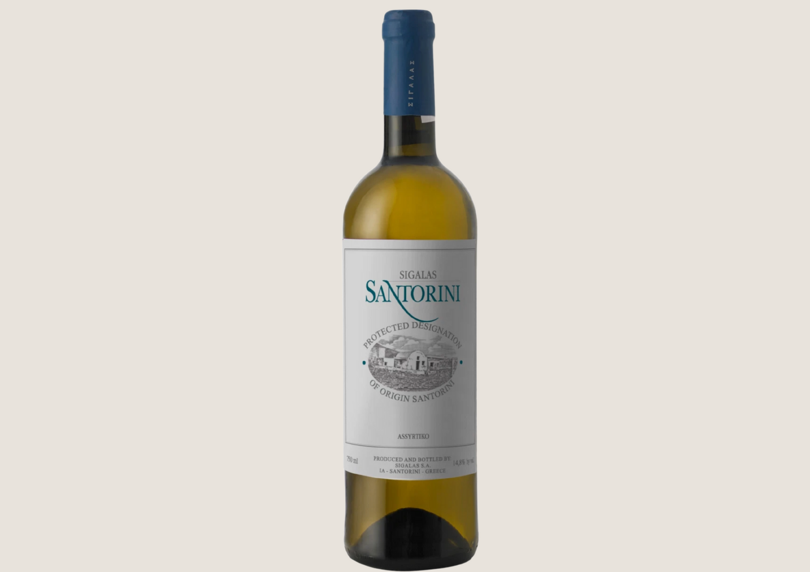 Weißweinflasche Sigalas Santorini Assyrtiko mit blauem Etikett.
