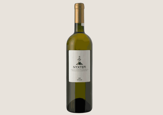 Flasche Weißwein Sigalas Nychteri aus Santorini mit goldenem Etikett.