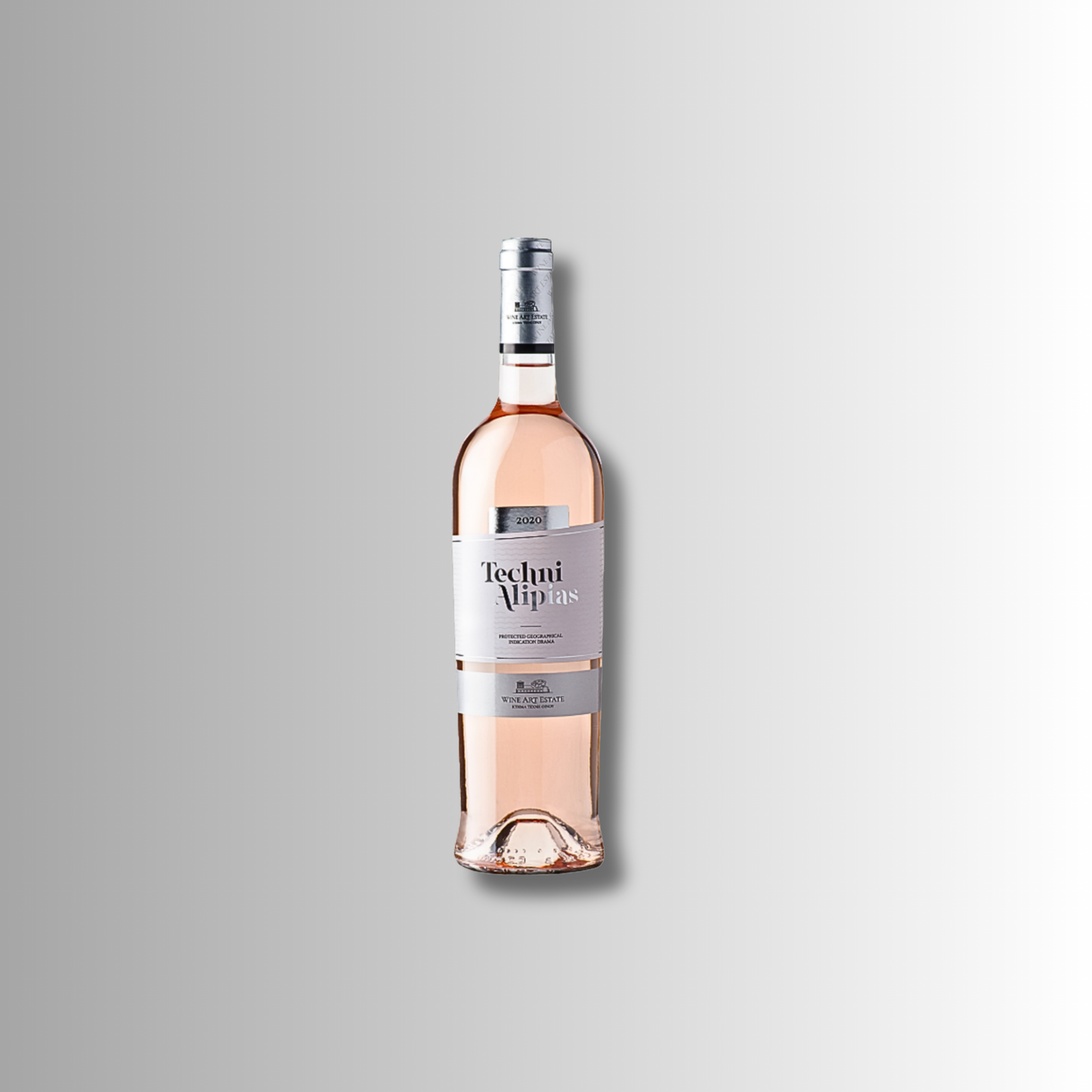 Roséwein Techni Alipias mit zart lachsfarbener Tönung in klarer Flasche vor hellem Verlaufshintergrund.