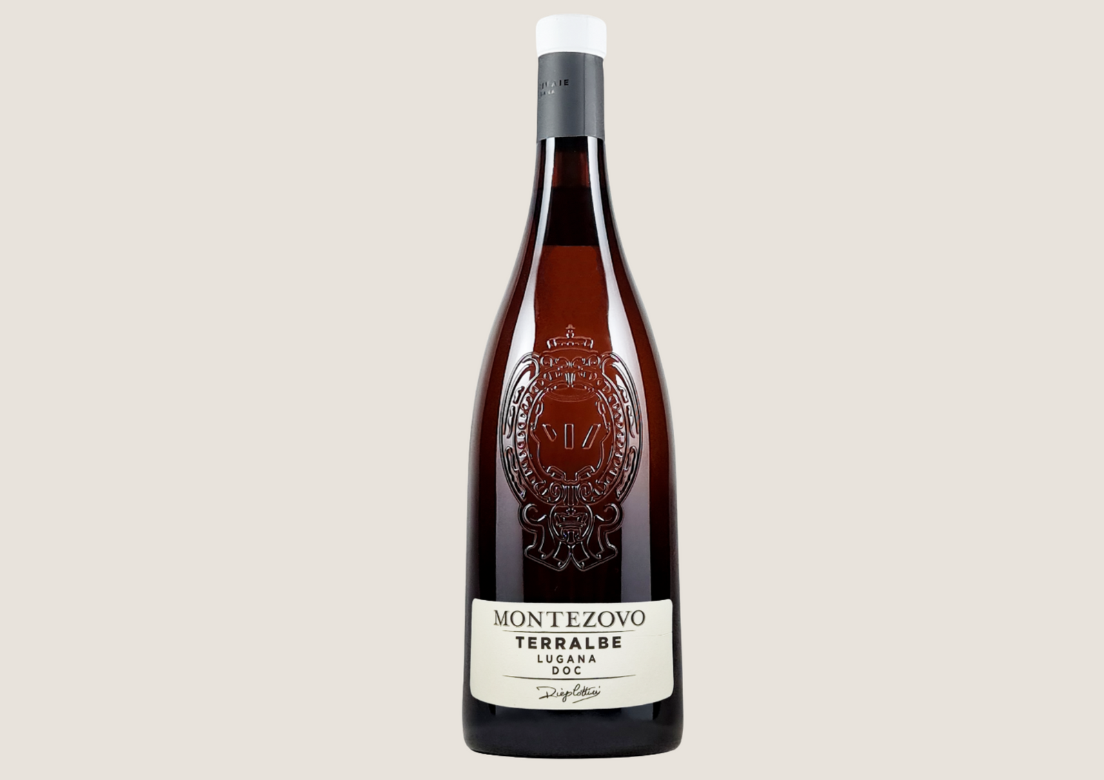 Weinflasche Montezovo Terralbe Lugana DOC mit geprägtem Wappen und elegantem Etikett.